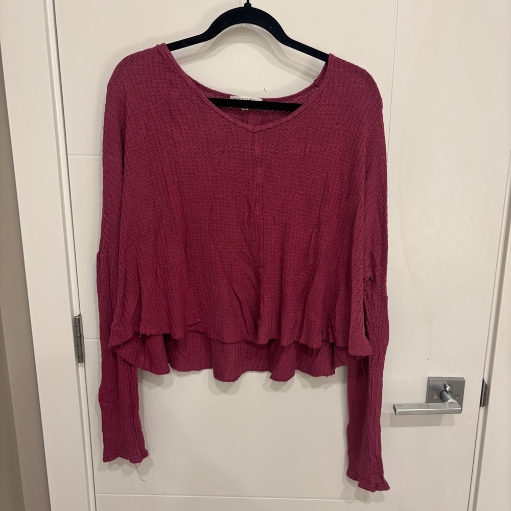 Antistar Waffle-Knit Long Sleeve Crop Top - Raspberry Plum